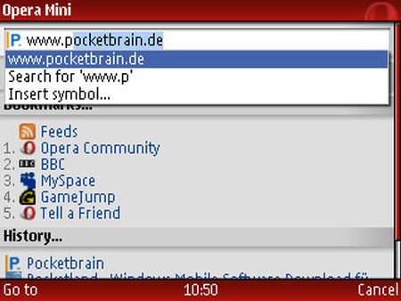 Opera Mini 4.1: Eingabe der Webadresse