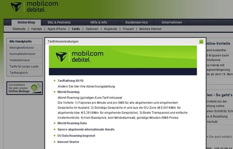 Mobilcom-Debitel erw�hnt den Internet Starter bei den Inklusivleistungen ohne Details