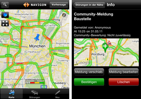 Die Farben in der App Navigon traffic4all zeigen, wo der Stau ist
