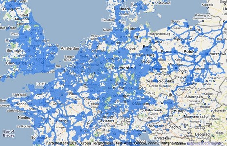 In den blauen Gebieten hat Skyhook die Standorte von WLAN-Netzen erfasst