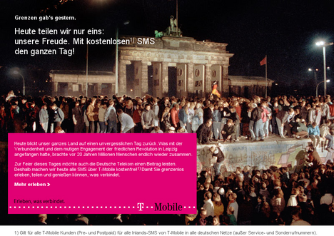 T-Mobile: Kostenlose SMS zum Mauerfall