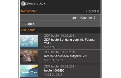 Die mobile Website der ZDF-Mediathek