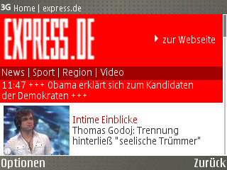 Die mobile Website des K�lner Express: Viel rot, viel Boulevard