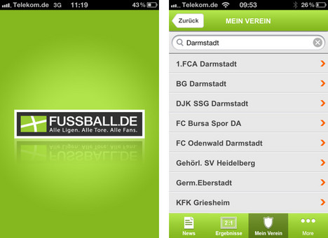 fussball.de auf dem iPhone beh�lt auch den Amateur-Verein im Blick