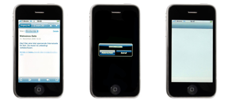Links wird ein manipulierter Link geklickt, in der Mitte w�hlt das iPhone die 0900-Nummer, rechts nimmt das iPhone keine Eingabe mehr an